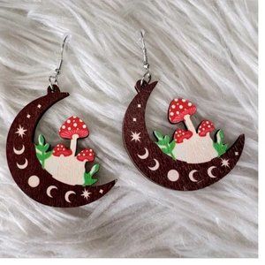 Cottagecore Mushroom & Crescent Moon Wooden Earrings With Moon Phases